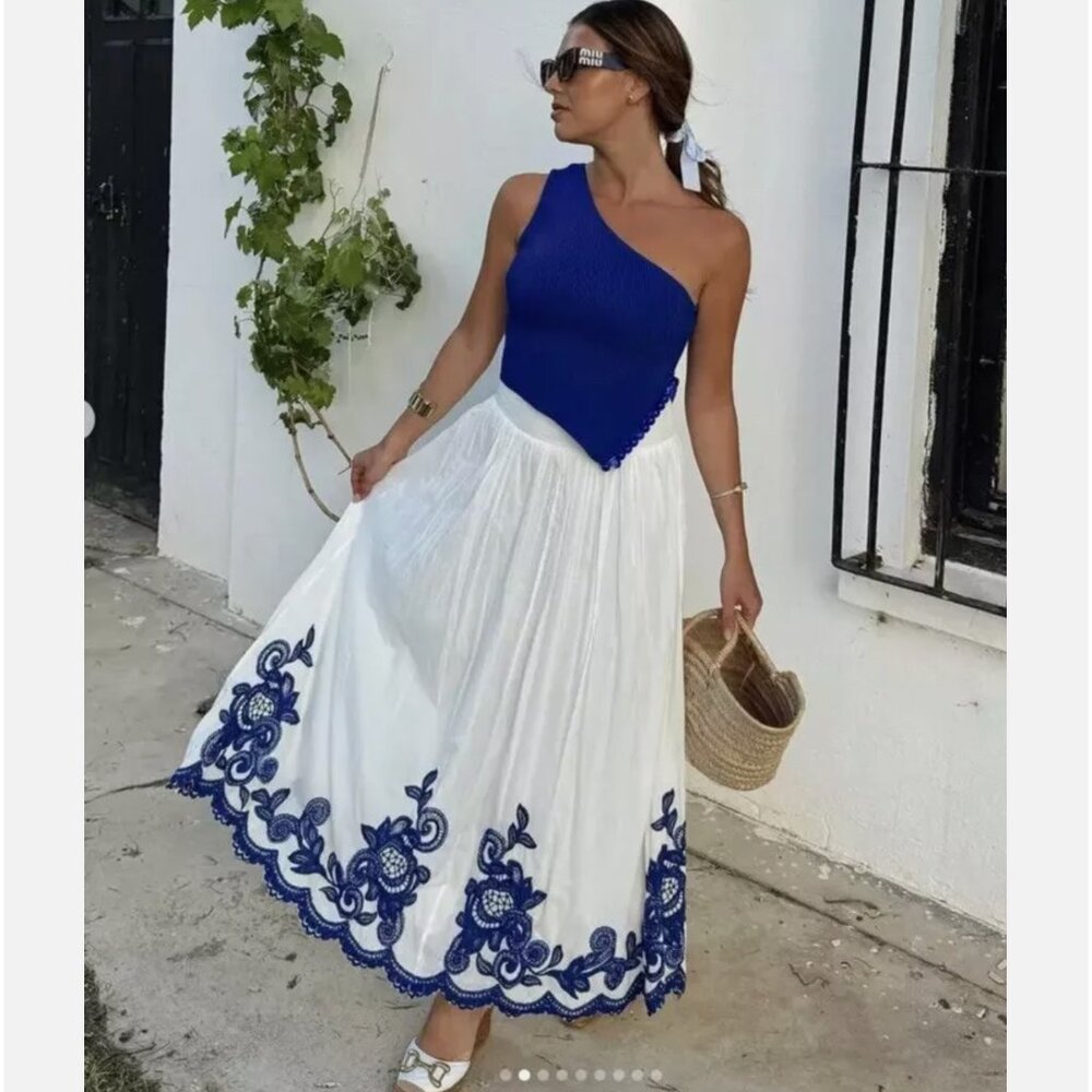 ZARA WOMAN CONTRAST EMBROIDERED SKIRT 100% cotton WHITE BLUE XS S L 5107/245 NWT